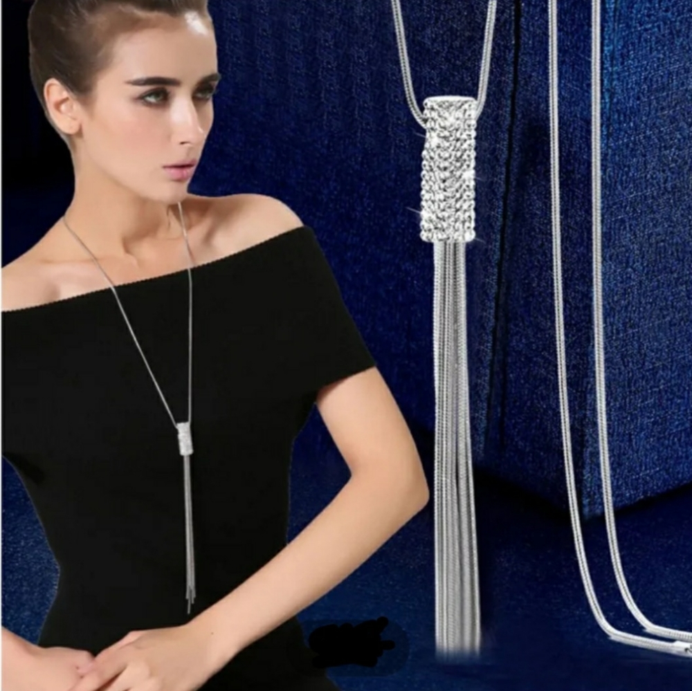 I Have This In Rose Gold Tassel Necklace Pave Rhinestone & Silver Tone - Picture 1 of 9